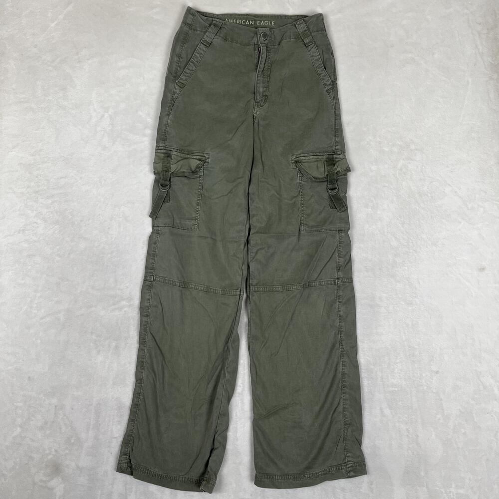 American Eagle Outfitters Cargo Pants Womens 00 Green Baggy Wide Leg Stretch